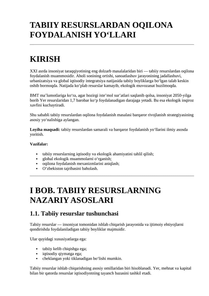 TABIIY RESURSLARDAN OQILONA FOYDALANISH YO‘LLARI