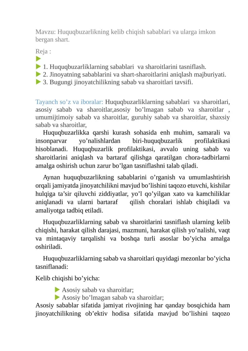 Huquqbuzarlikning kelib chiqish sabablari va ularga imkon bergan shart