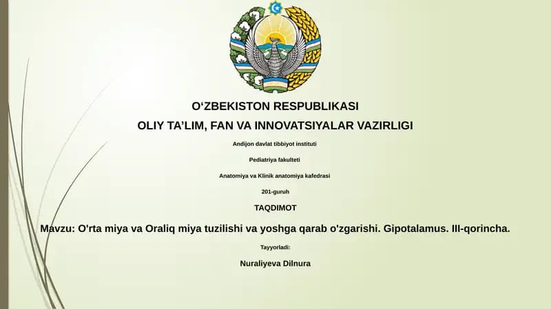 O'rta miya va Oraliq miya tuzilishi va yoshga qarab o'zgarishi. Gipotalamus. III-qorincha