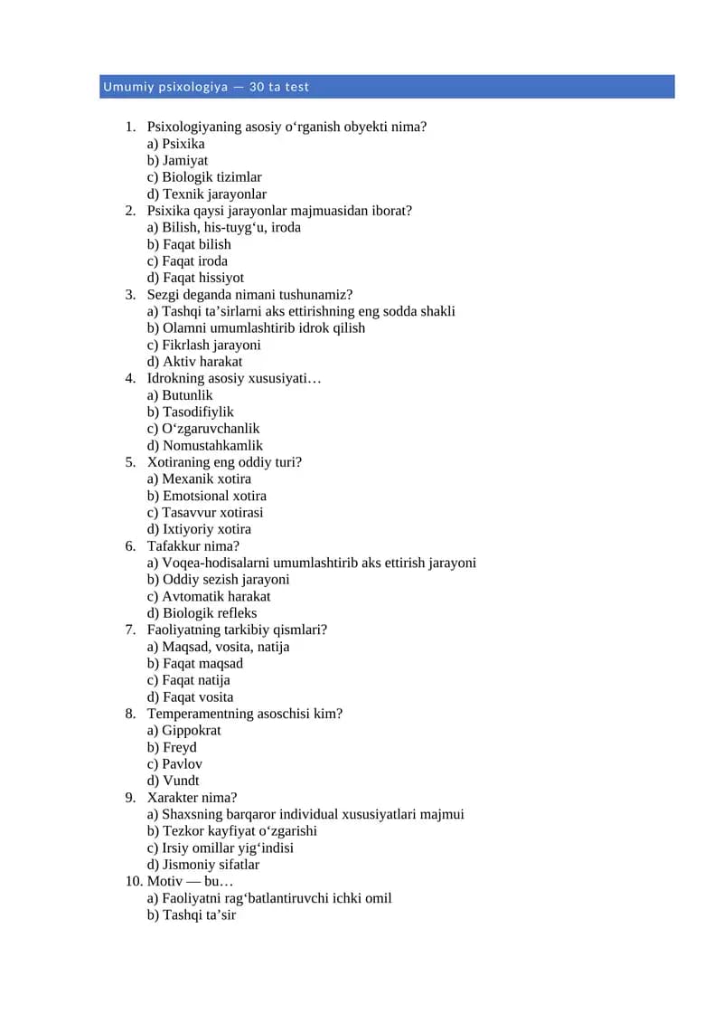 Umumiy psixologiya — 30 ta test
