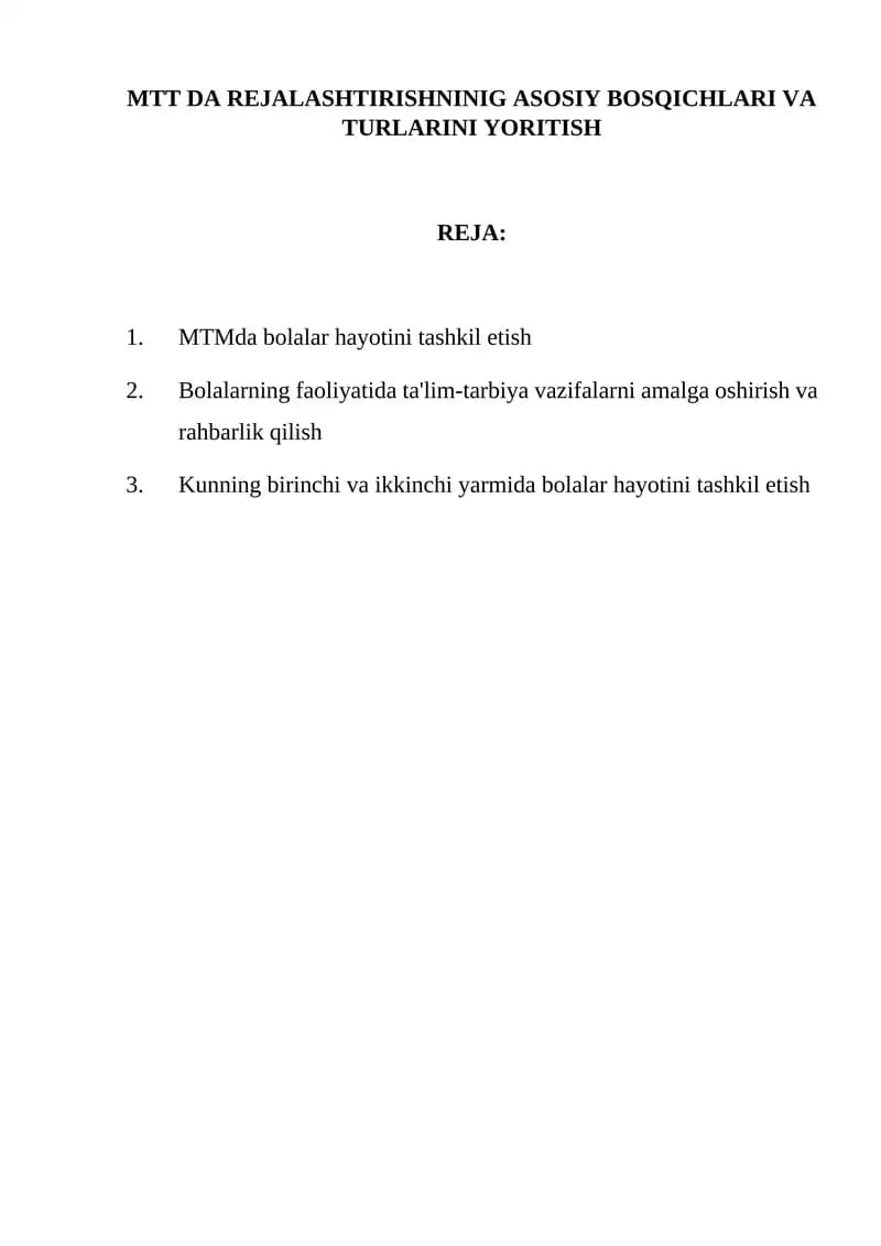 MTMda bolalar hayotini tashkil etish