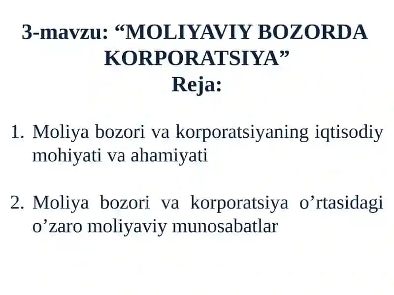 MOLIYAVIY BOZORDAKORPORATSIYA