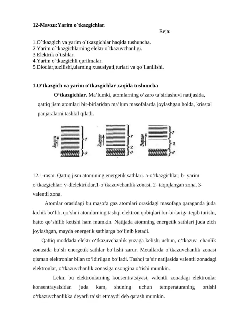 12-Mavzu: Yarim o`tkazgichlar