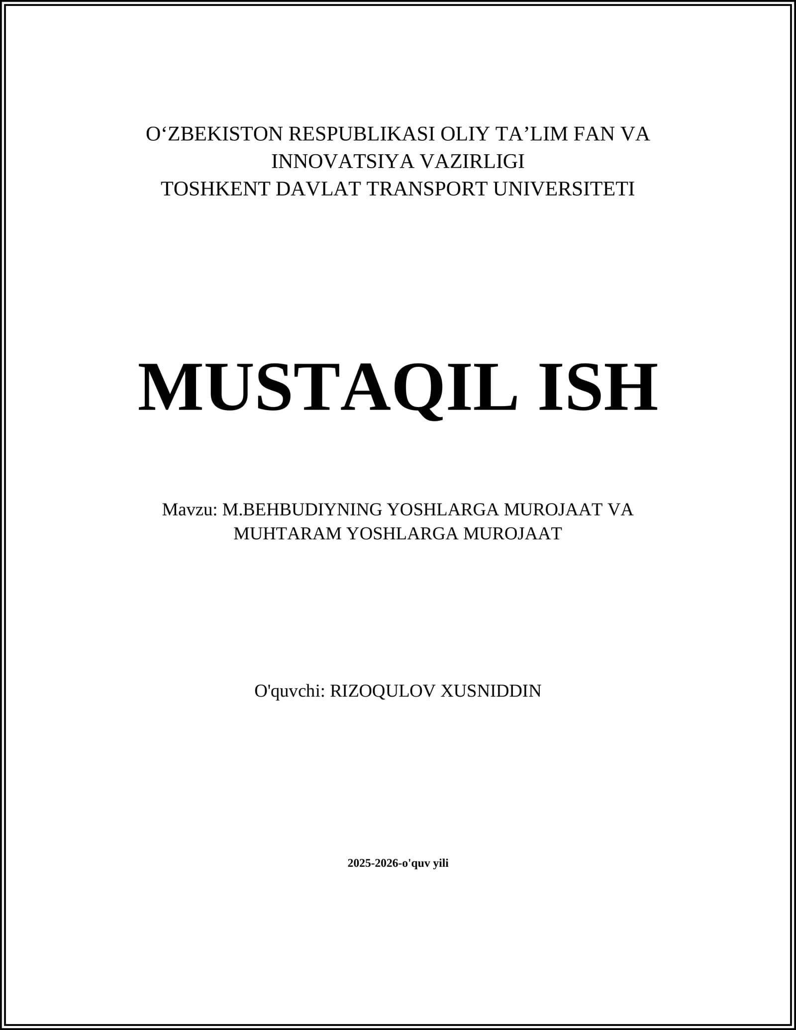 M.Behbudiynig Yoshlarga murojaat va muhtaram yoshlarga murojaat