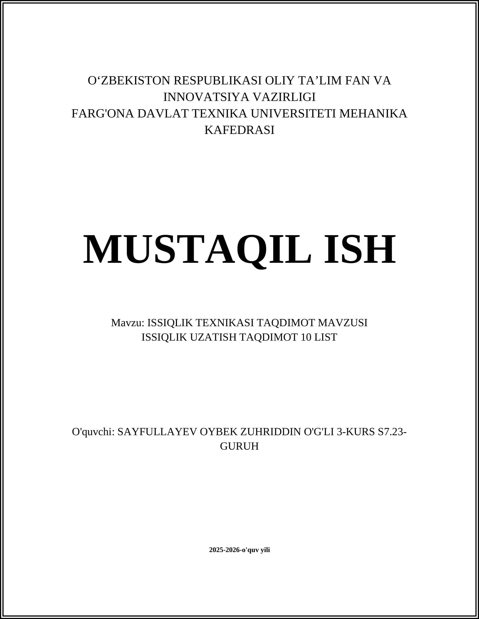 ISSIQLIK TEXNIKASI TAQDIMOT MAVZUSI