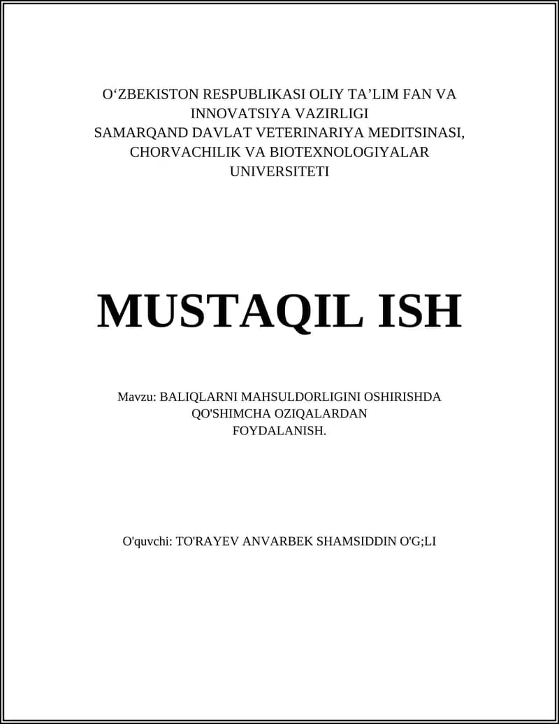 BALIQLARNI MAHSULDORLIGINI OSHIRISHDA QO'SHIMCHA OZIQALAR