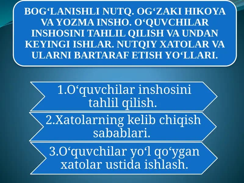 BOG‘LANISHLI NUTQ. OG‘ZAKI HIKOYA VA YOZMA INSHO. O‘QUVCHILAR INSHOSINI TAHLIL QILISH VA UNDAN KEYINGI ISHLAR. NUTQIY XATOLAR VA ULARNI BARTARAF ETISH YO‘LLARI