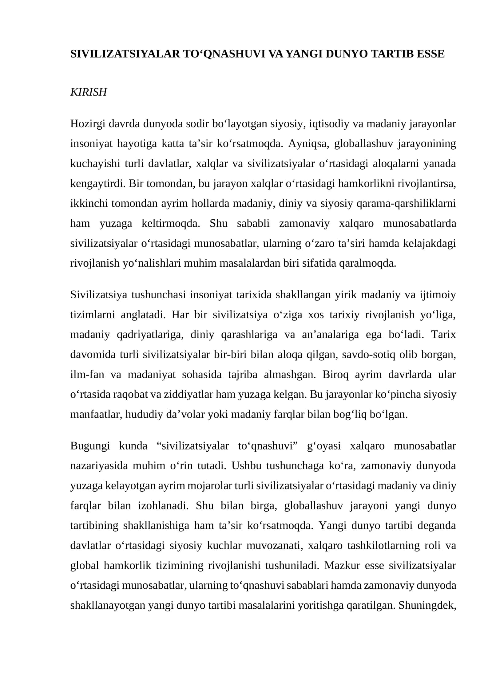SIVILIZATSIYALAR TO‘QNASHUVI VA YANGI DUNYO TARTIB ESSE
