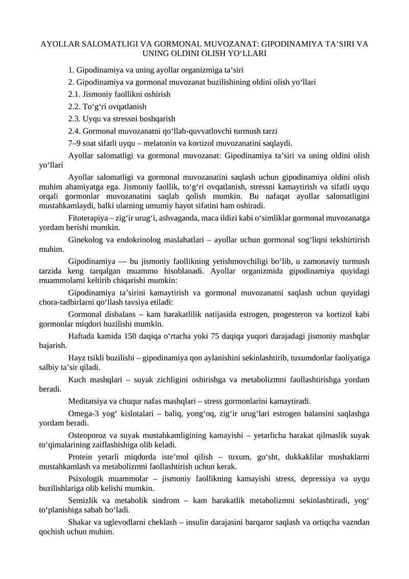 Ayollar salomatligi va gormonal muvozanat