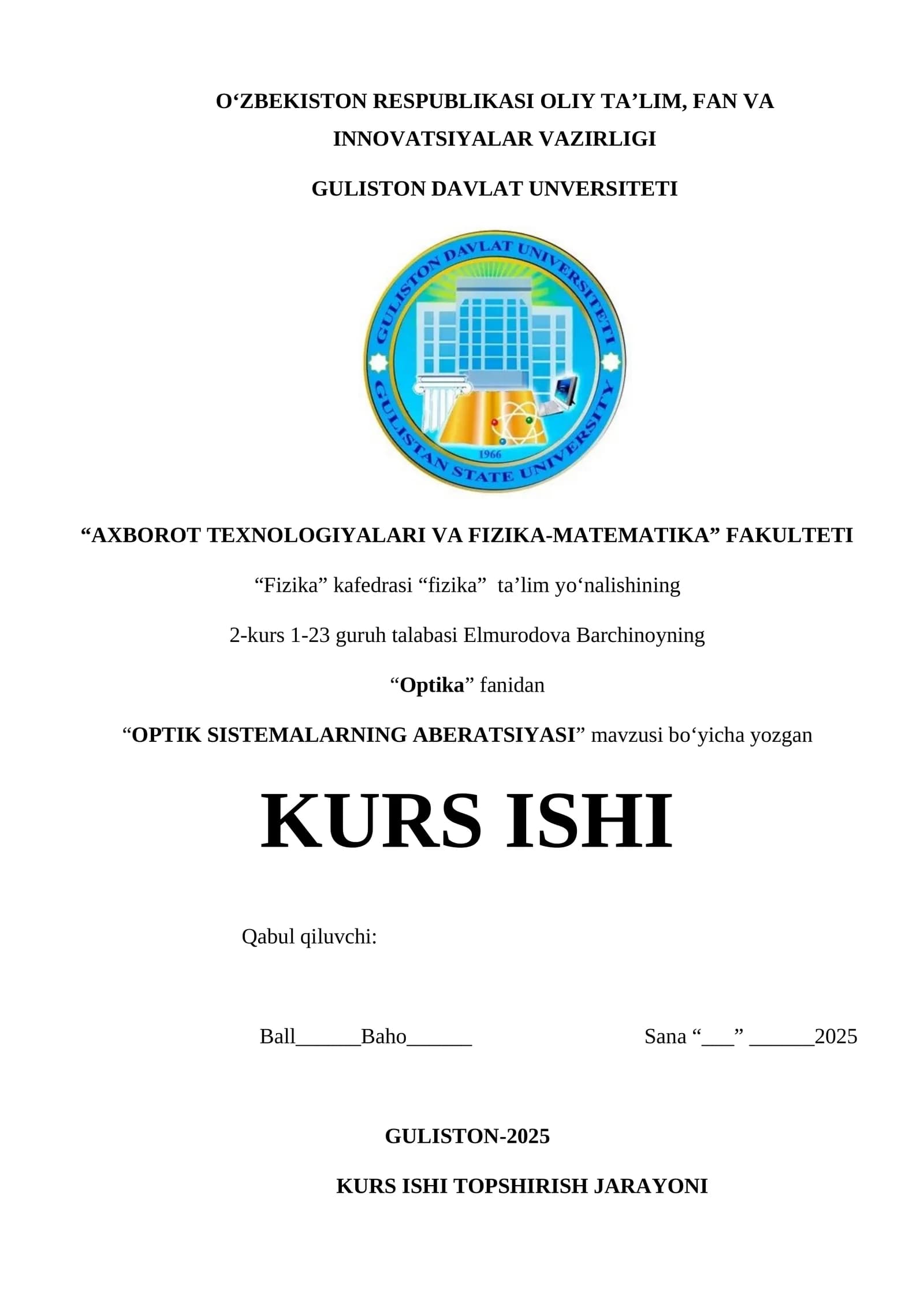 OPTIK SISTEMALARNING ABERATSIYASI