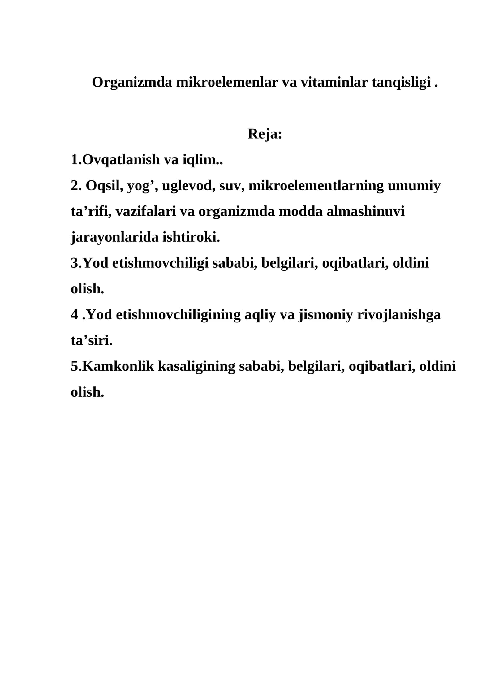 Organizmda mikroelementlar va vitaminlar tanqisligi