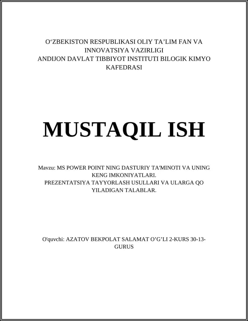 MS POWER POINT NING DASTURIY TA'MINOTI VA UNING KENG IMKONIYATLARI