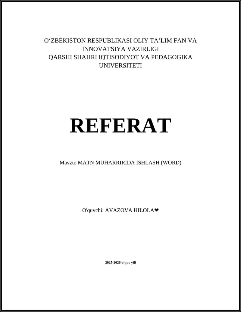 Word interfeysi va menyular