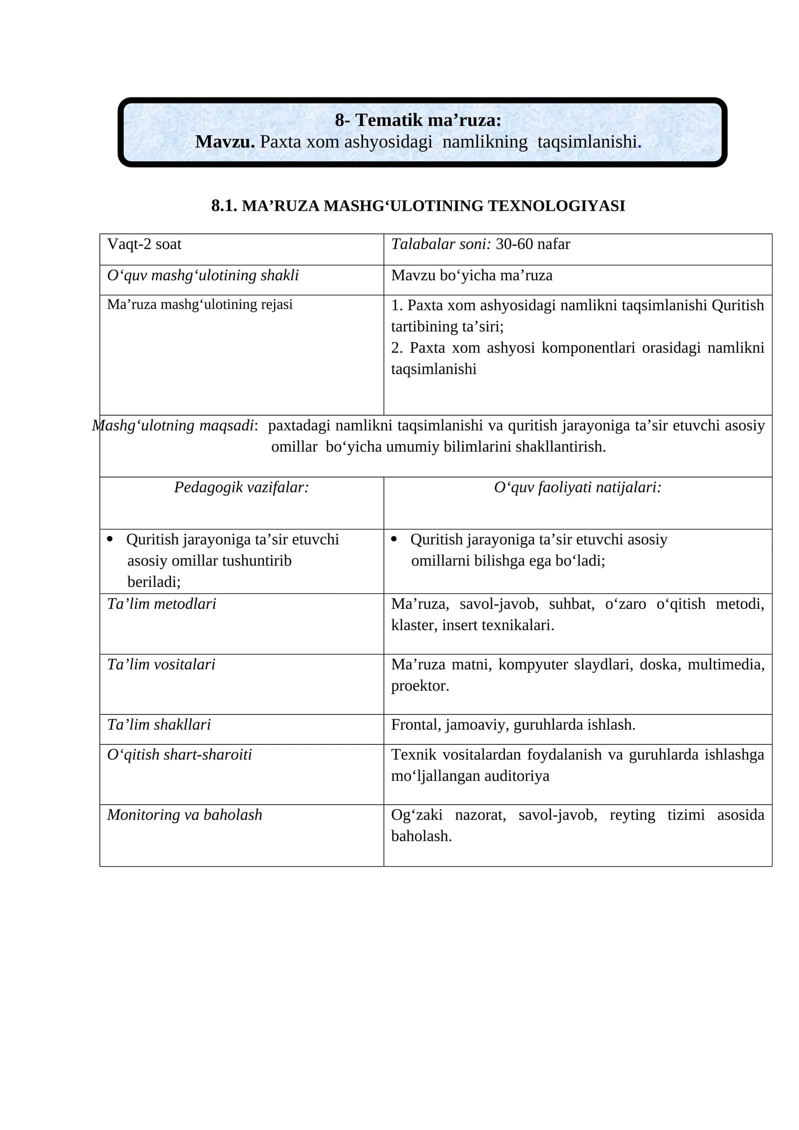Paxta xom ashyosidagi namlikning taqsimlanishi