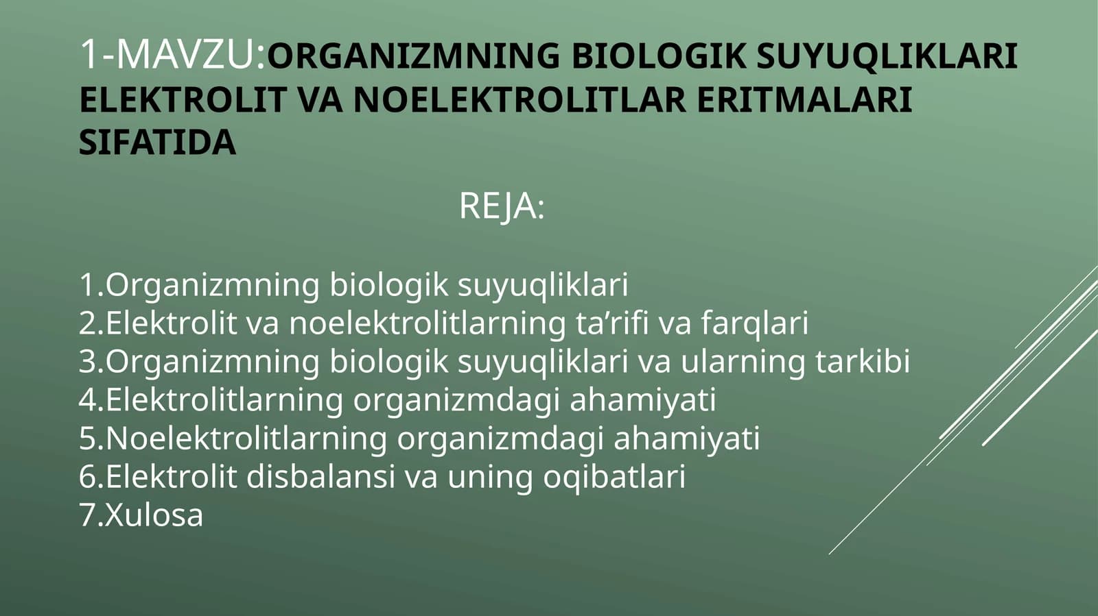 ORGANIZMNING BIOLOGIK SUYUQLIKLARI ELEKTROLIT VA NOELEKTROLITLAR ERITMALARI SIFATIDA