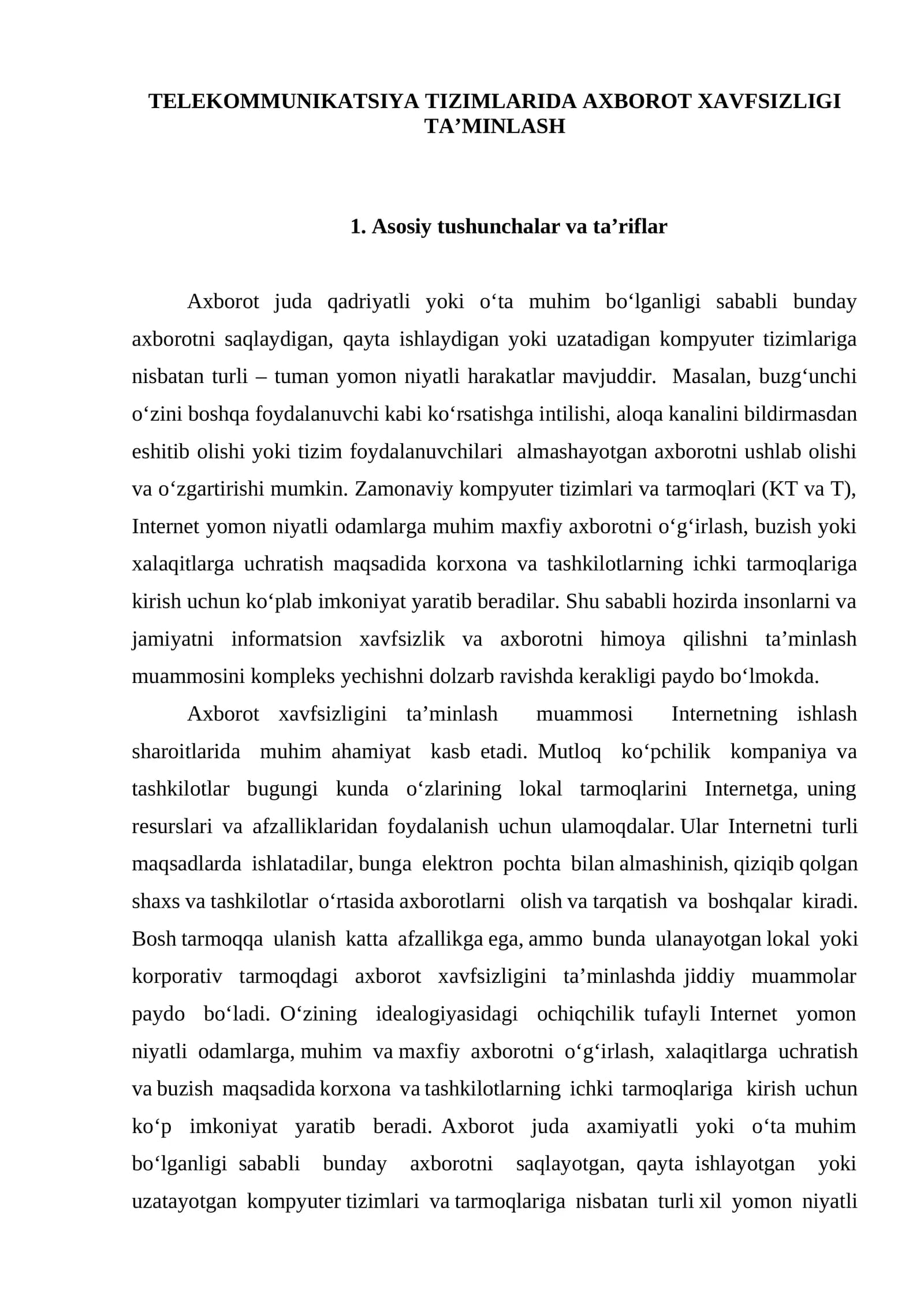 TELEKOMMUNIKATSIYA TIZIMLARIDA AXBOROT XAVFSIZLIGI TA’MINLASH