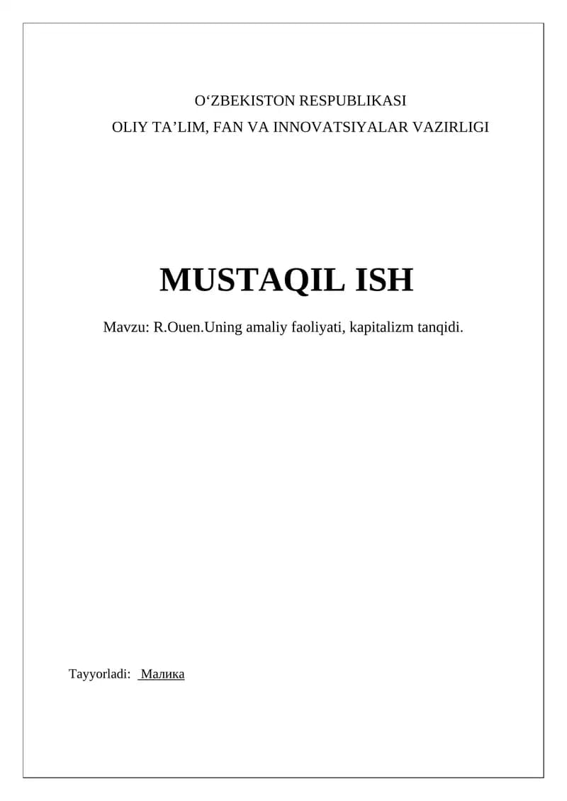R.Ouenning amaliy faoliyati, kapitalizm tanqidi