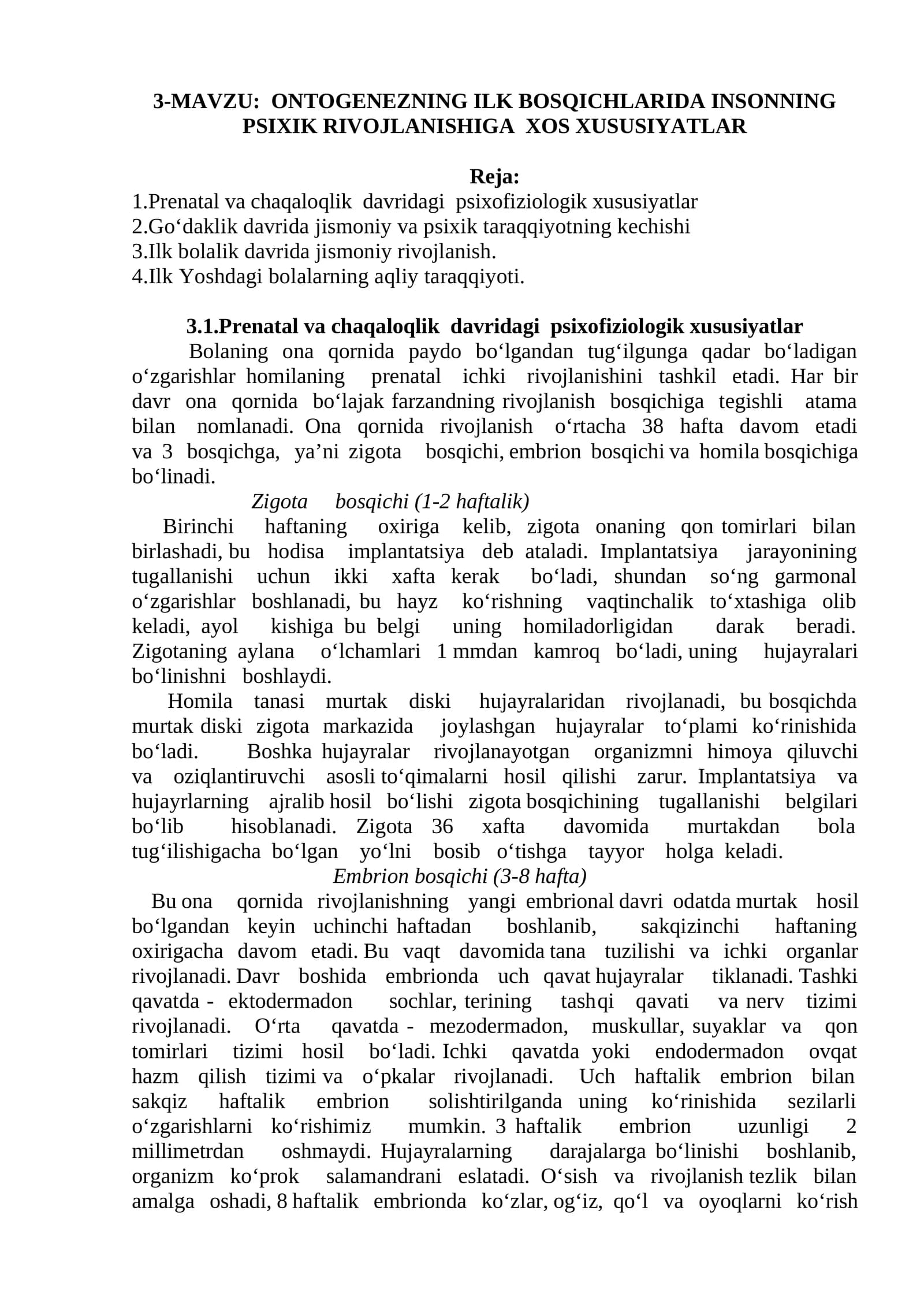 ONTOGENEZNING ILK BOSQICHLARIDA INSONNING PSIXIK RIVOJLANISHIGA XOS XUSUSIYATLAR