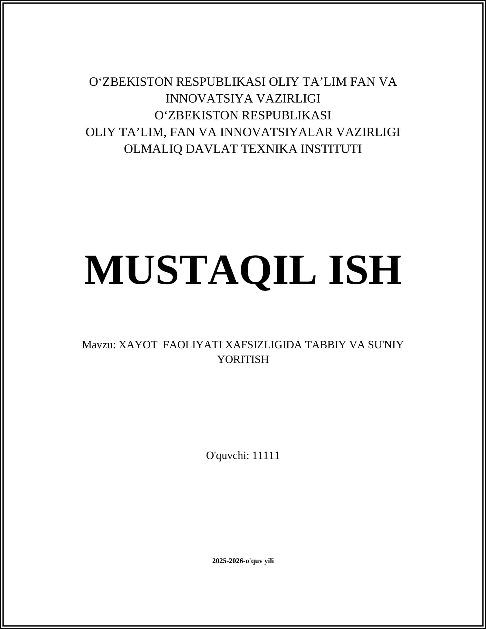 XAYOT FAOLIYATI XAFSIZLIGIDA TABBIY VA SU'NIY YORITISH