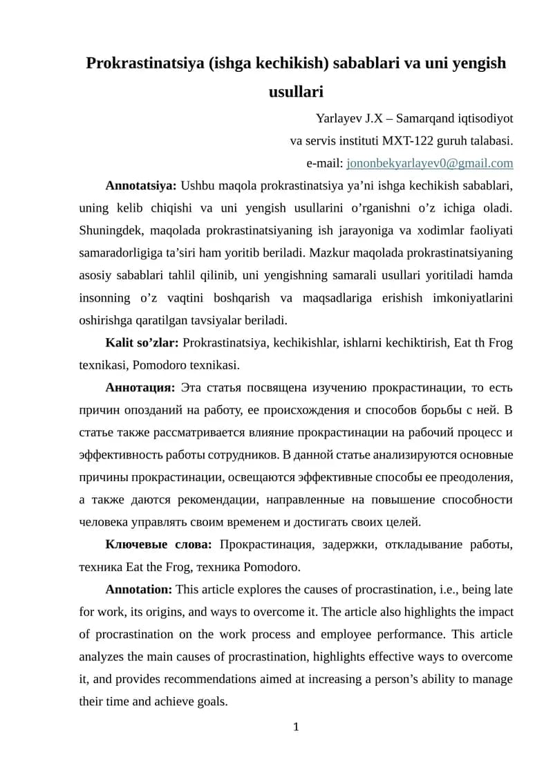 Prokrastinatsiya (ishga kechikish) sabablari va uni yengish usullari