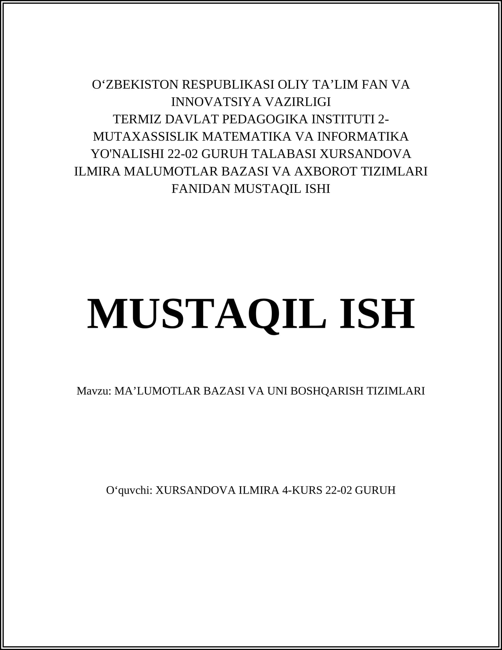 MAʼLUMOTLAR BAZASI VA UNI BOSHQARISH TIZIMLARI