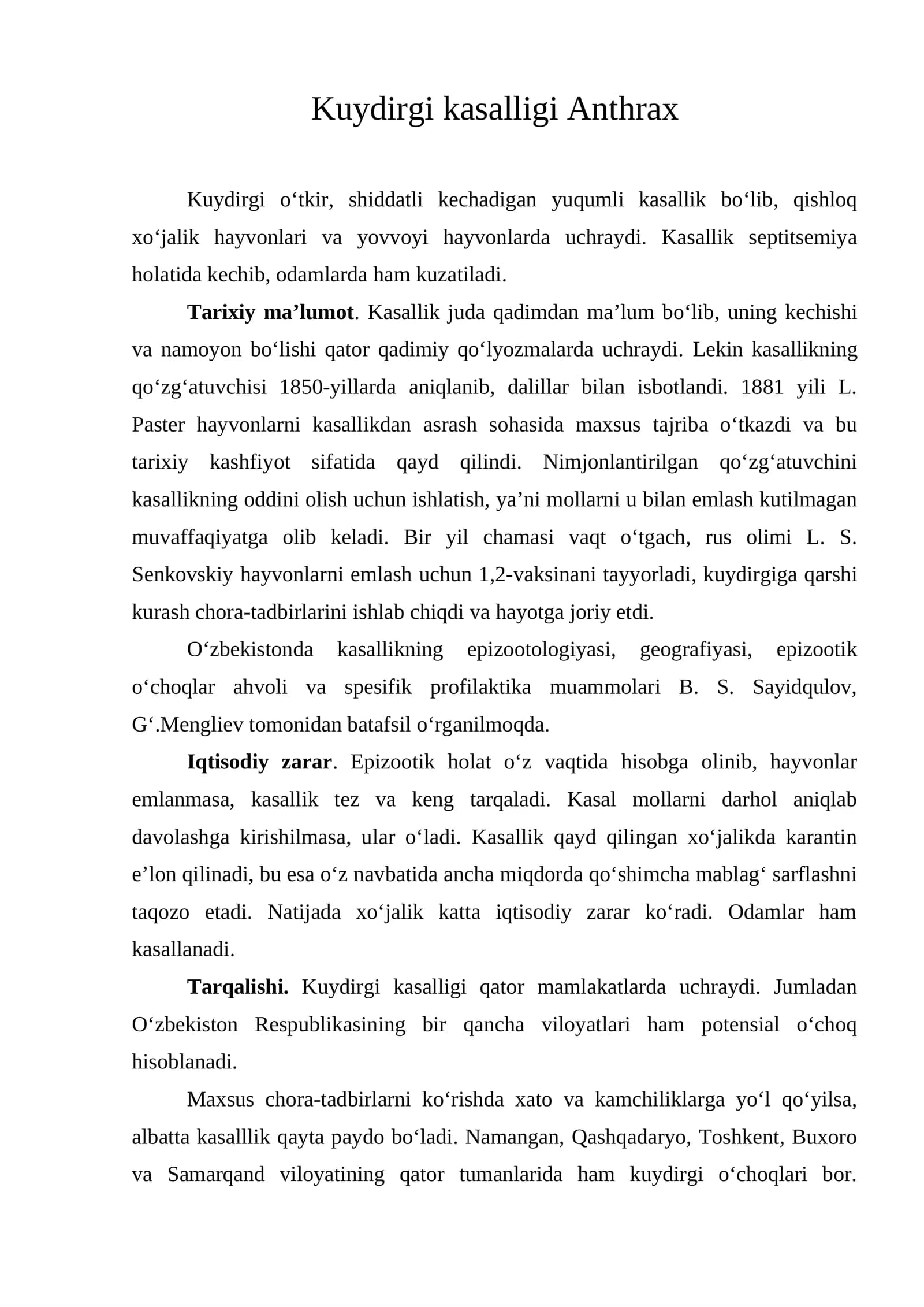 Kuydirgi kasalligi Anthrax