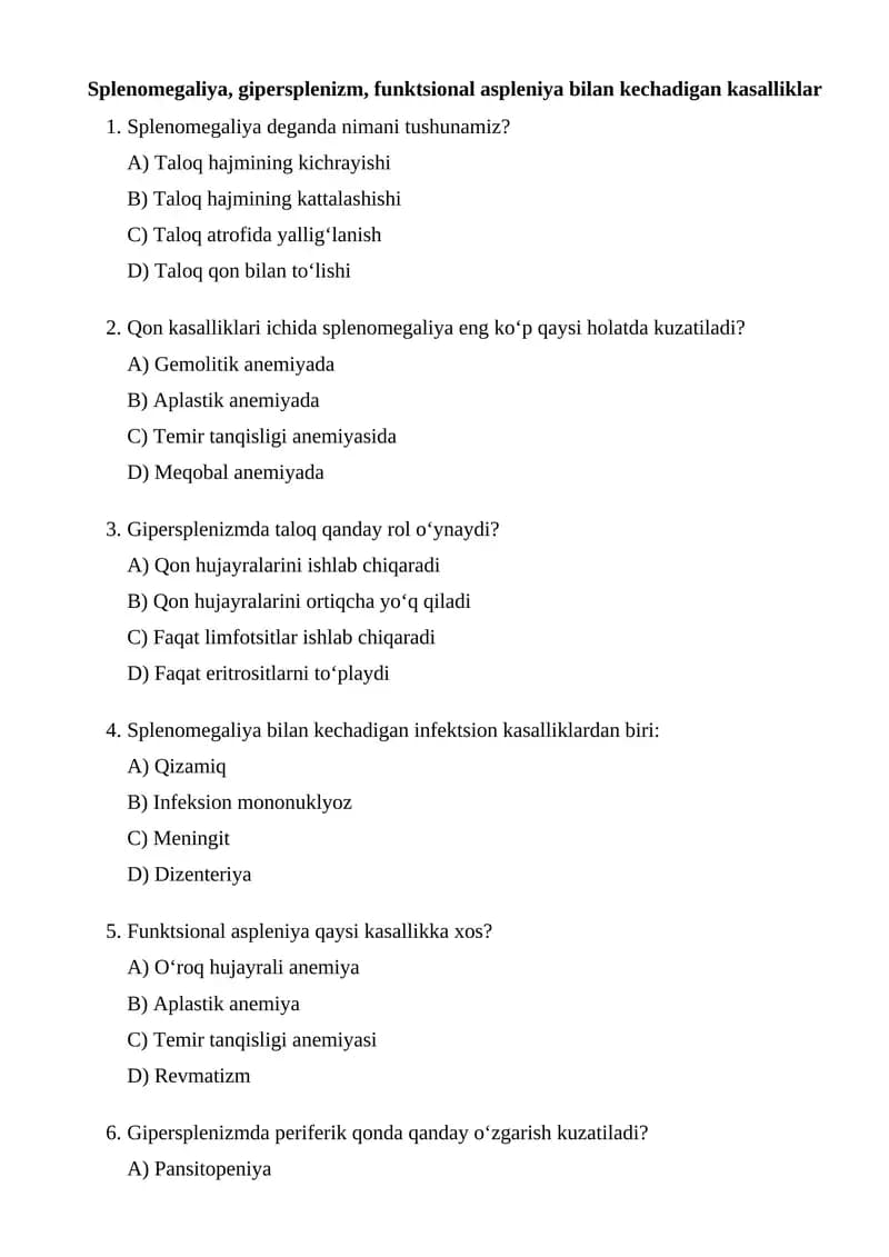 Splenomegaliya, gipersplenizm, funktsional aspleniya bilan kechadigan kasalliklar