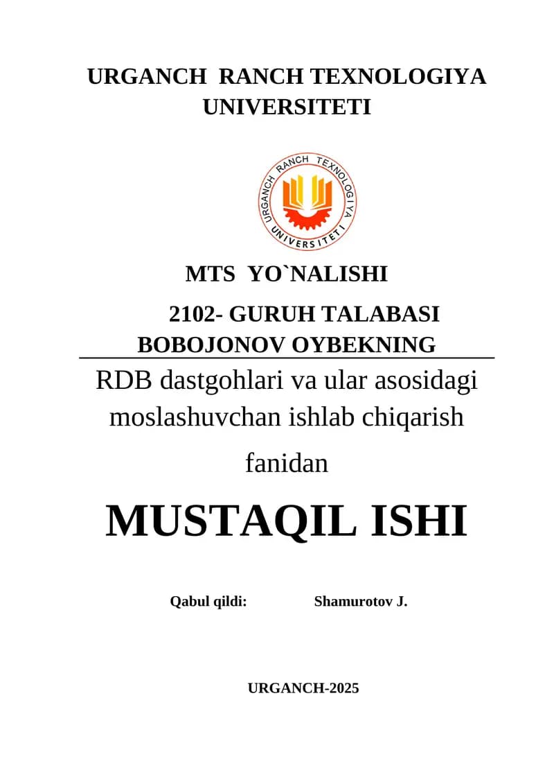 RDB dastgohlari va ular asosidagi moslashuvchan ishlab chiqarish