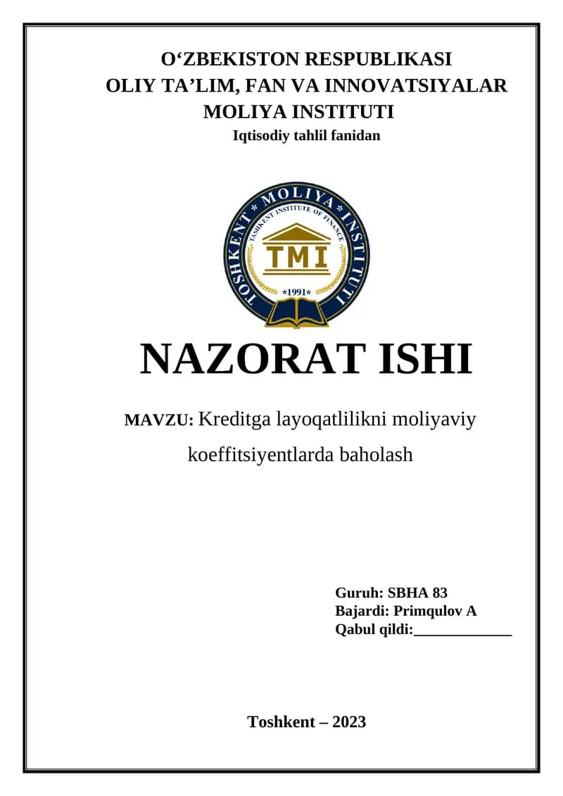 Kreditga layoqatlilikni moliyaviy koeffitsiyentlarda baholash