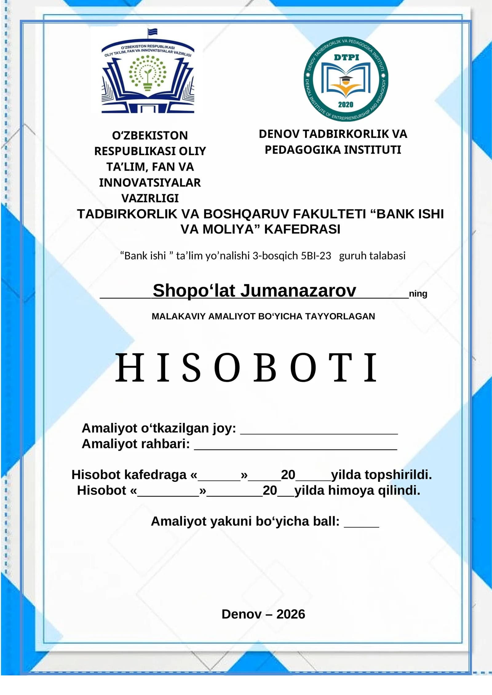 Abgrobok hamda ATB "Agrobank" DENOV   MALAKAVIY AMALIYOT BOʻYICHA TAYYORLAGAN H I S O B O T I