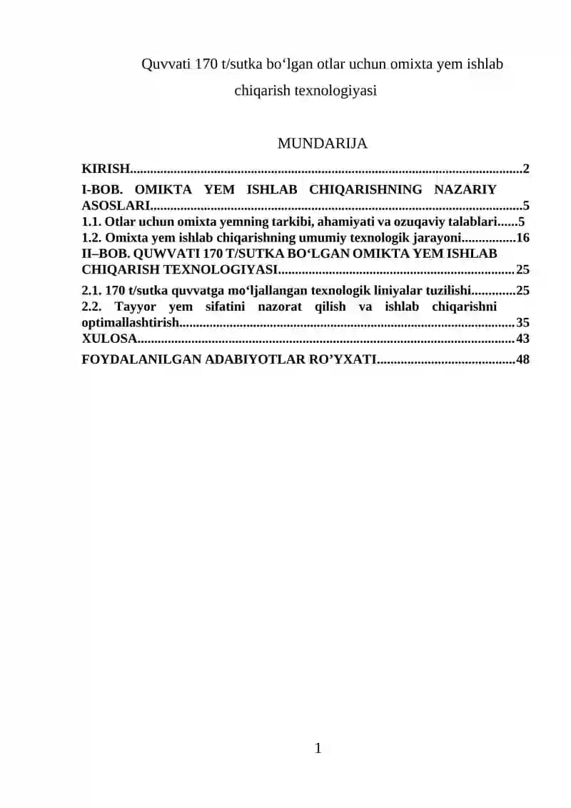 Omixta yem ishlab chiqarish texnologiyasi