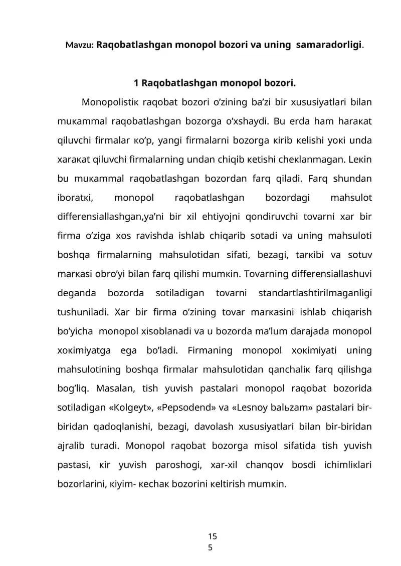 Raqobatlashgan monopol bozori va uning samaradorligi