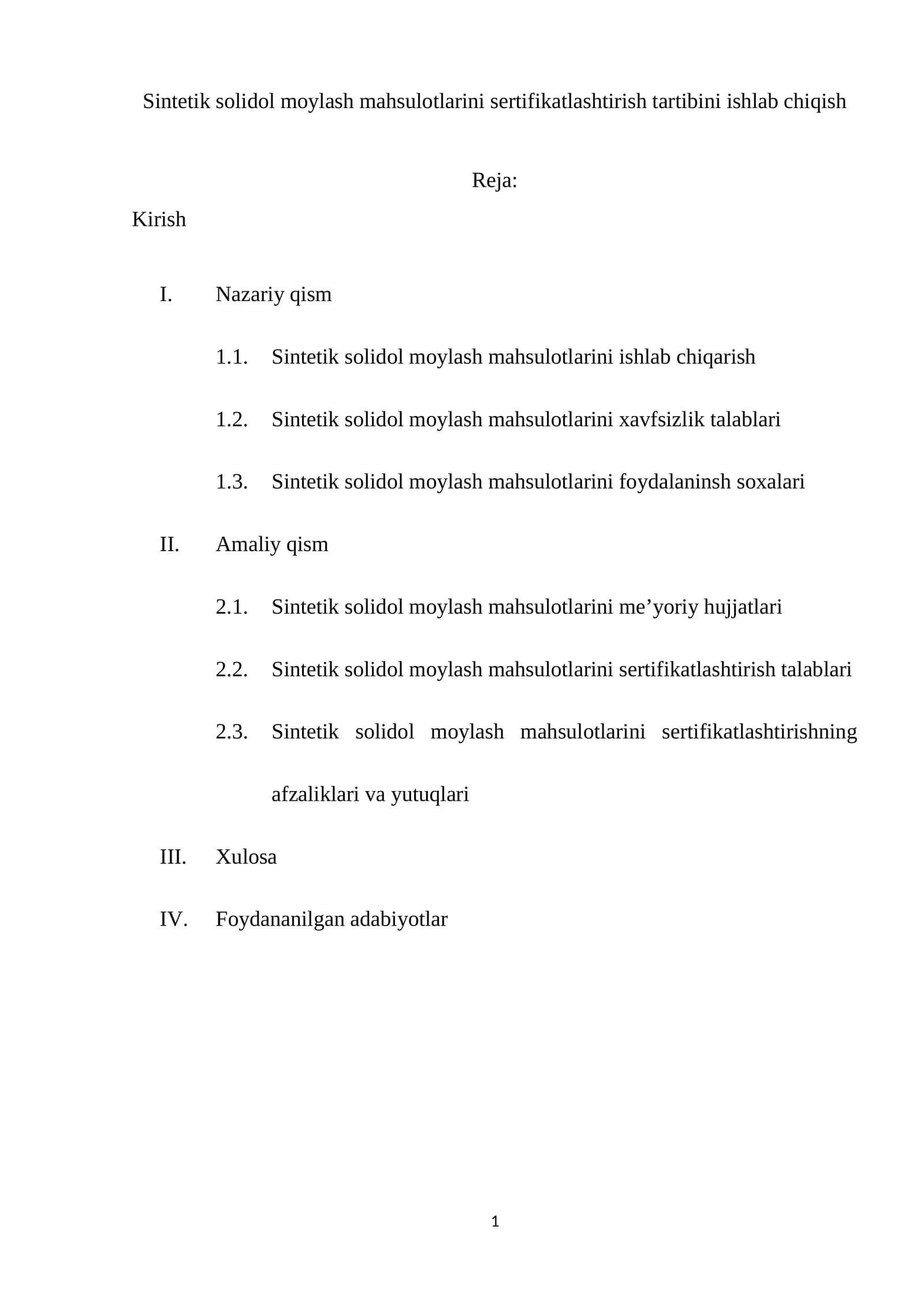 Sintetik solidol moylash mahsulotlarini sertifikatlashtirish tartibini ishlab chiqish