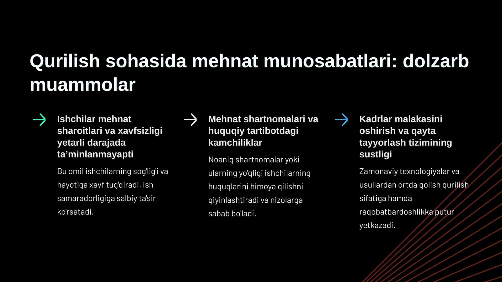 Qurilish sohasida mehnat munosabatlari: dolzarb muammolar