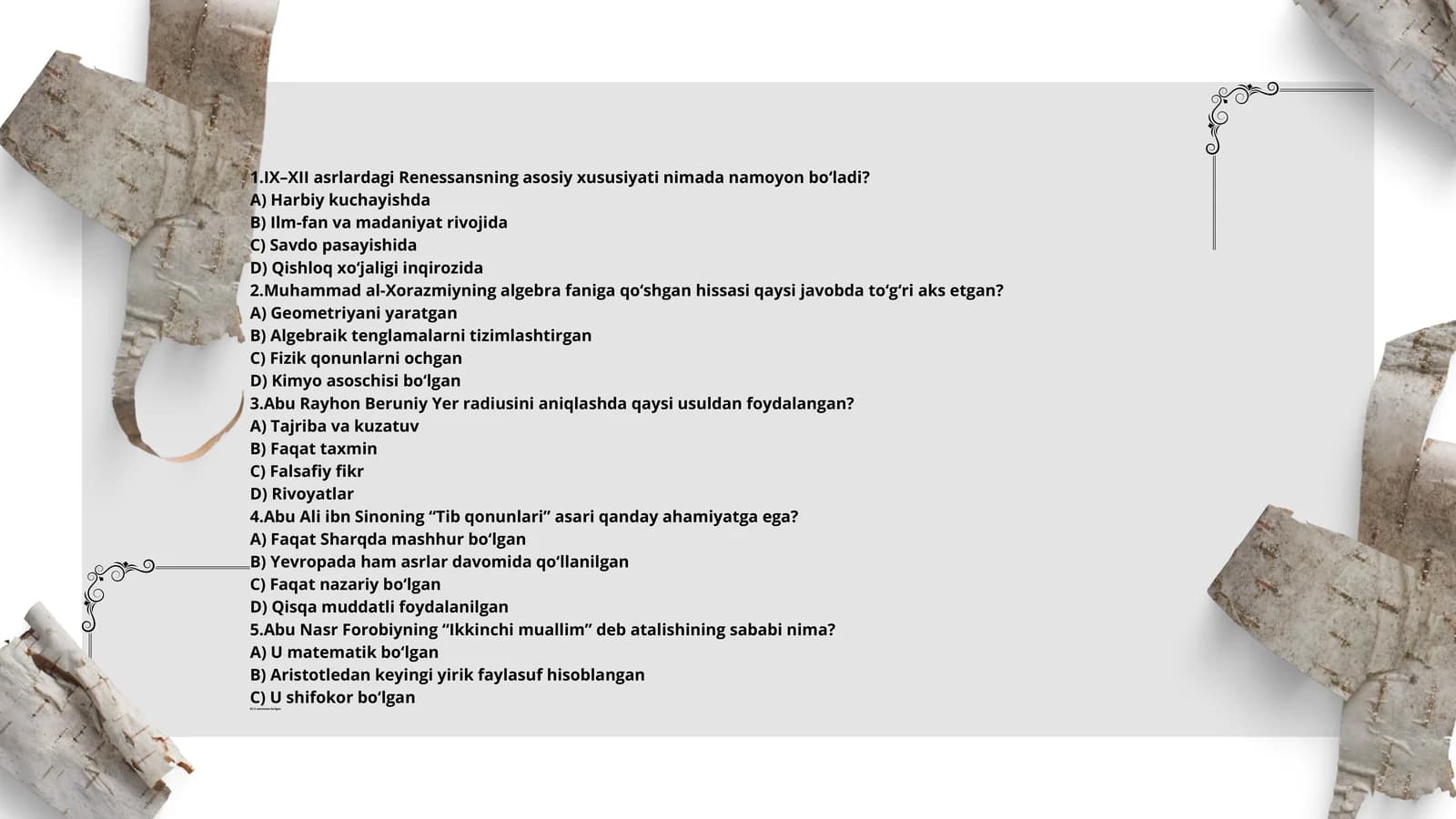 IX–XII asrlardagi Renessansning  test