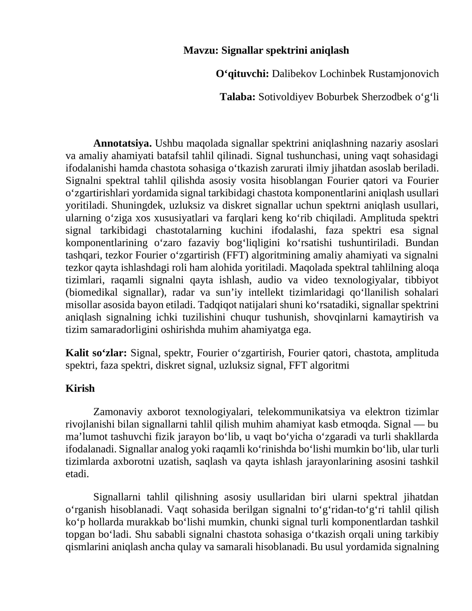 Signallar spektrini aniqlash