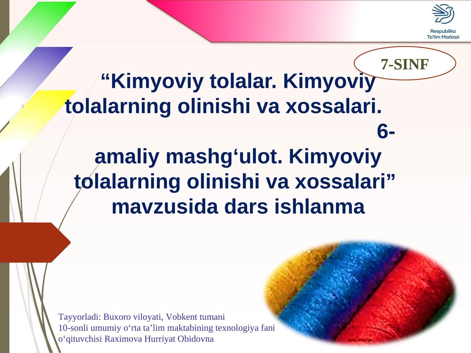 Kimyoviy tolalar. Kimyoviy tolalarning olinishi va xossalari. 6-amaliy mashg‘ulot. Kimyoviytolalarning olinishi va xossalari