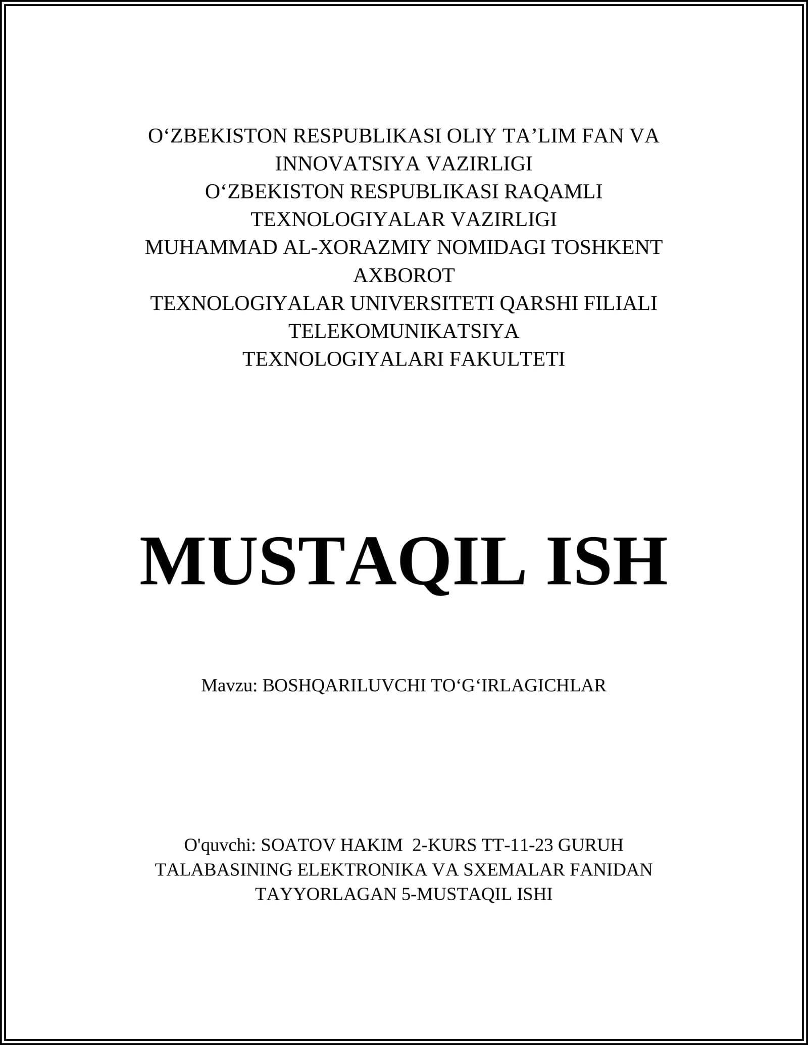 BOSHQARILUVCHI TOʻGʻIRLAGICHLAR