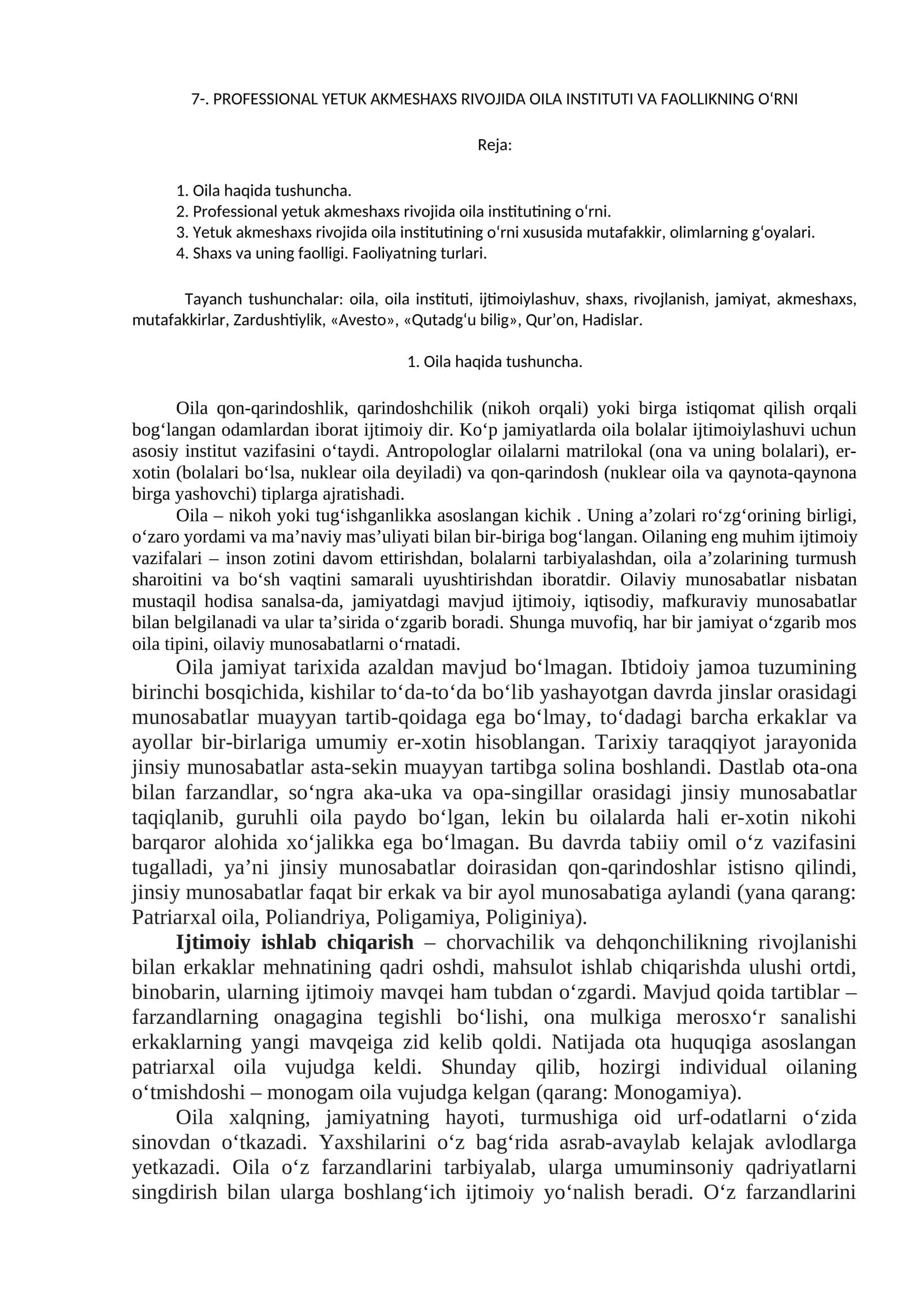 PROFESSIONAL YETUK AKMESHAXS RIVOJIDA OILA INSTITUTI VA FAOLLIKNING OʻRNI