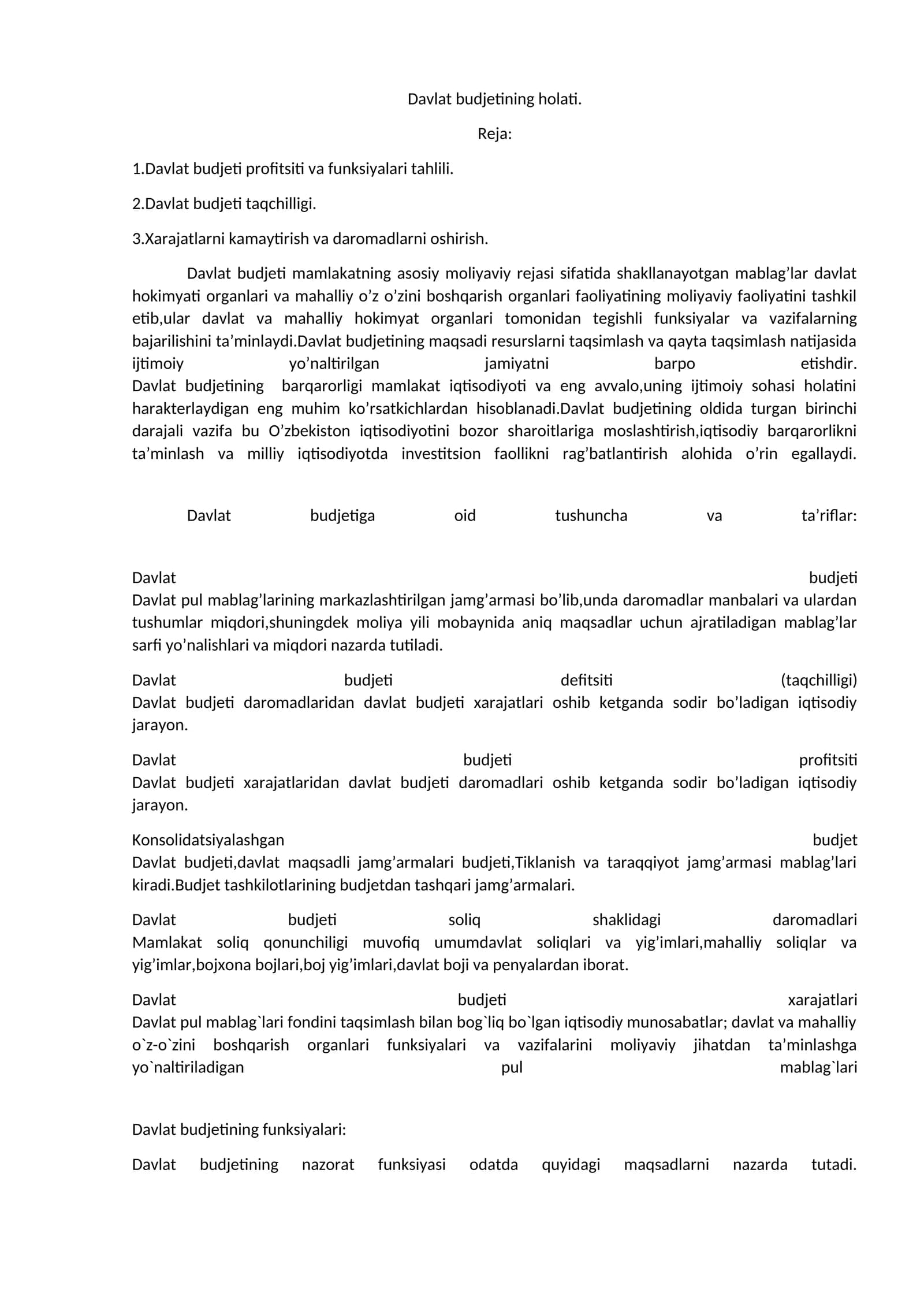 Davlat budjetining holati