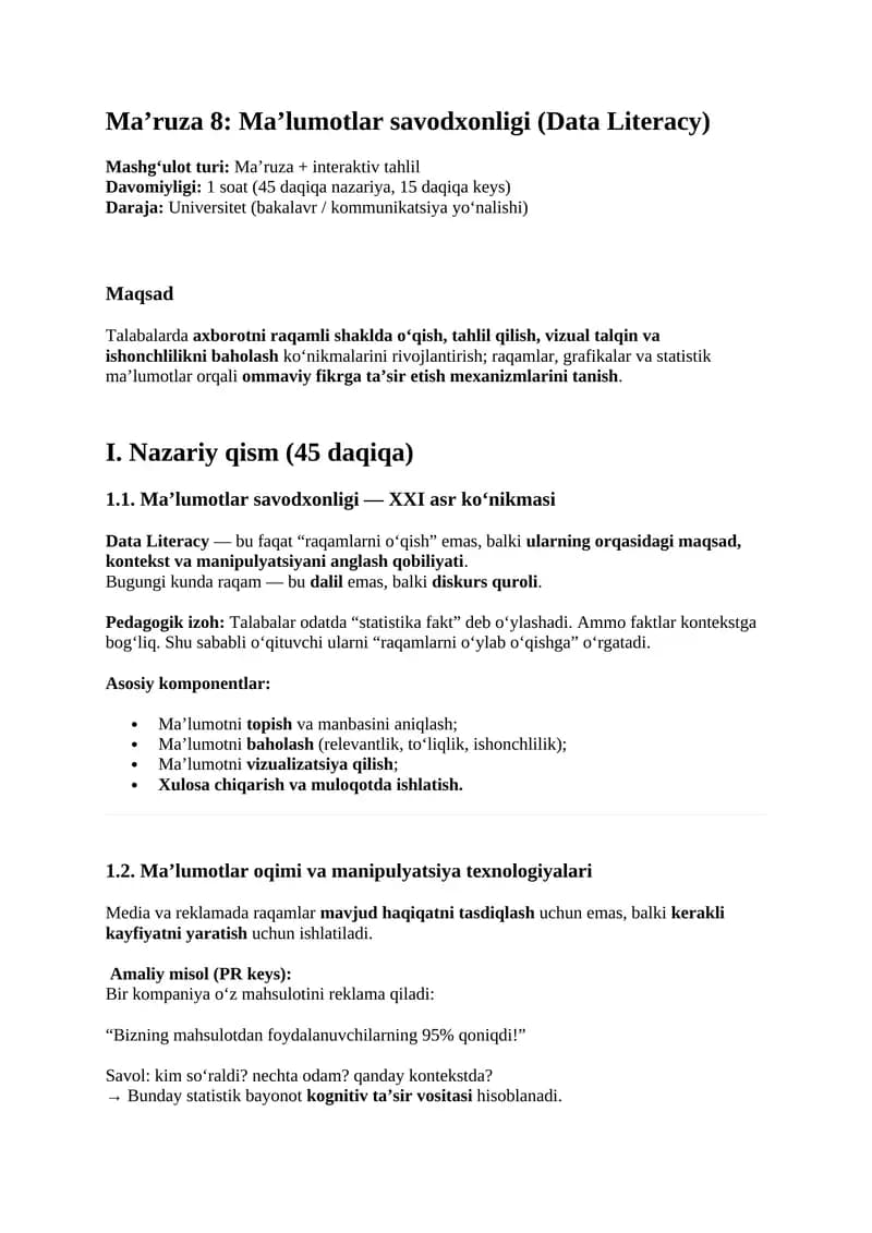 Ma’ruza 8: Ma’lumotlar savodxonligi (Data Literacy)