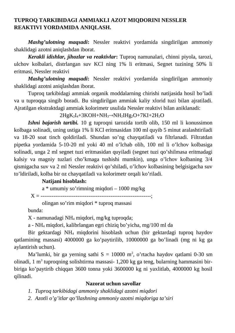 TUPROQ TARKIBIDAGI AMMIAKLI AZOT MIQDORINI NESSLER REAKTIVI YORDAMIDA ANIQLASH