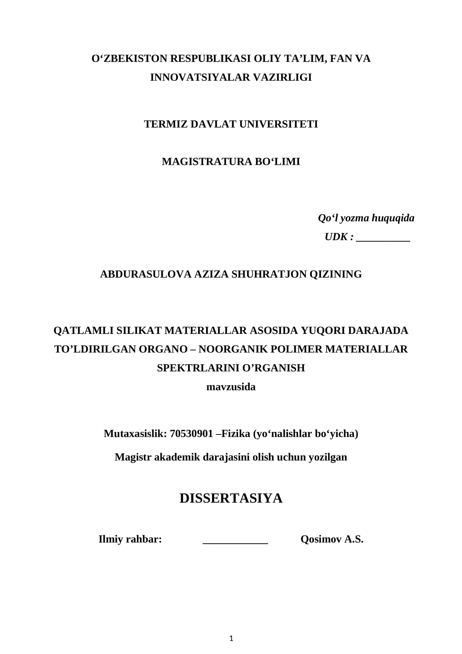 QATLAMLI SILIKATLAR BILAN TO’LDIRILGAN ORGANO – NOORGANIK POLIMER MATERIALLAR
