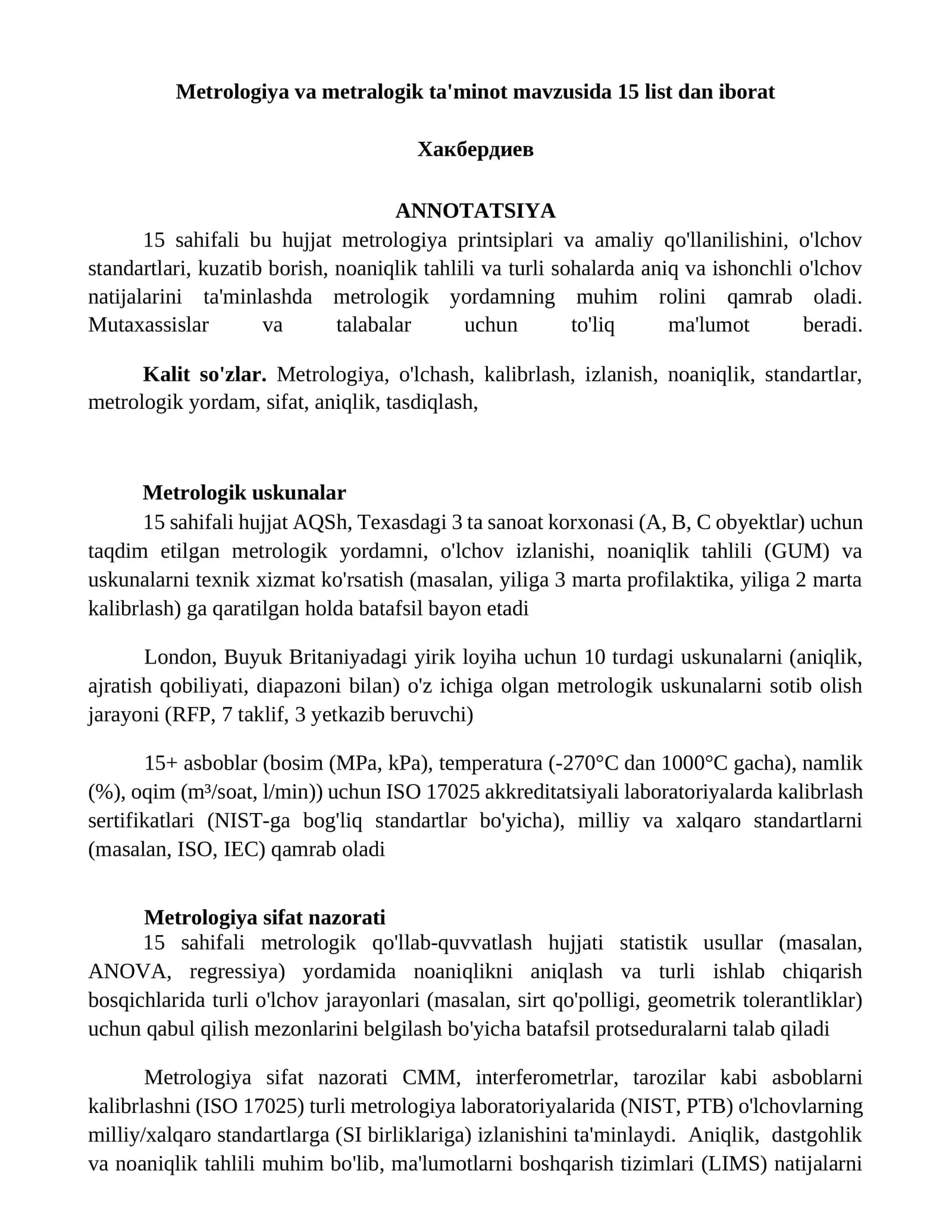 Metrologiya va metralogik ta'minot mavzusida 15 list dan iborat