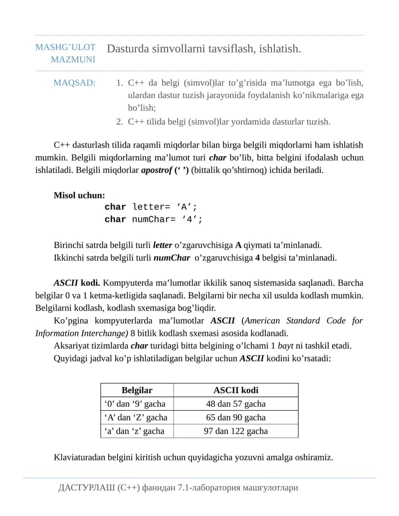 Dasturda simvollarni tavsiflash, ishlatish.