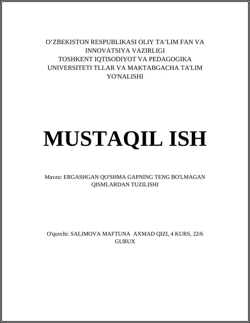 ERGASHGAN QO'SHMA GAPNING TENG BO'LMAGAN QISMLARDAN TUZILISHI
