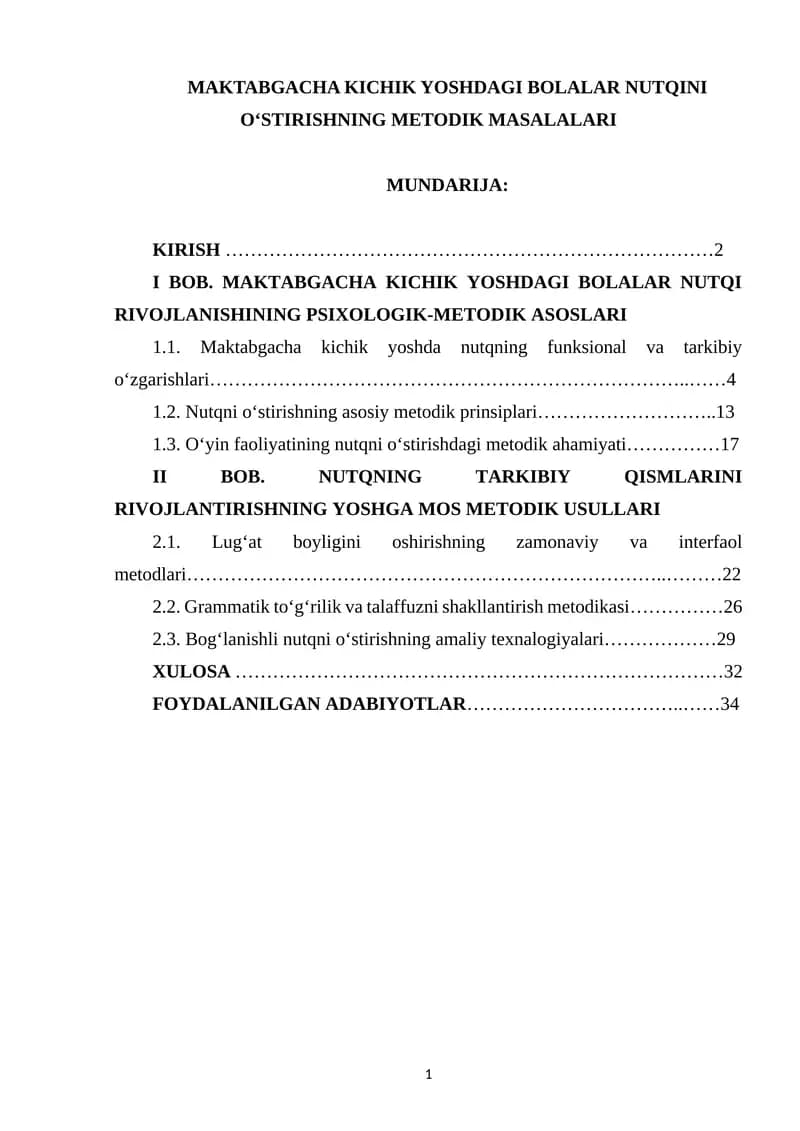 MAKTABGACHA KICHIK YOSHDAGI BOLALAR NUTQINI O‘STIRISHNING METODIK MASALALARI