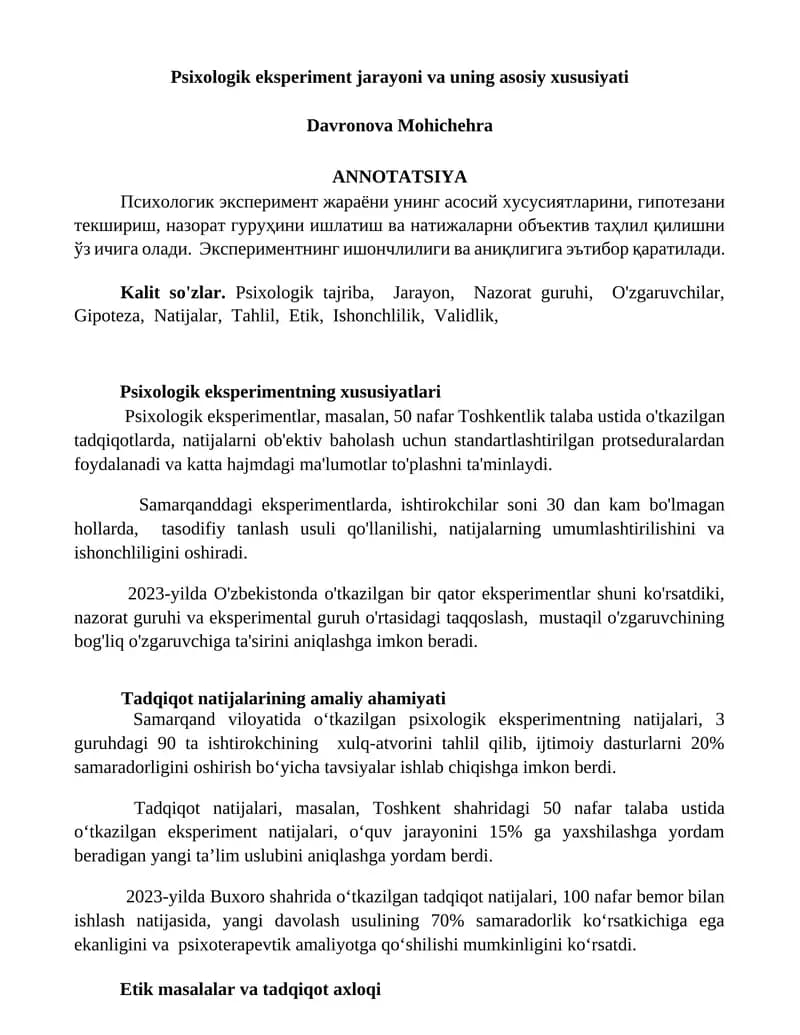 Psixologik eksperiment jarayoni va uning asosiy xususiyati