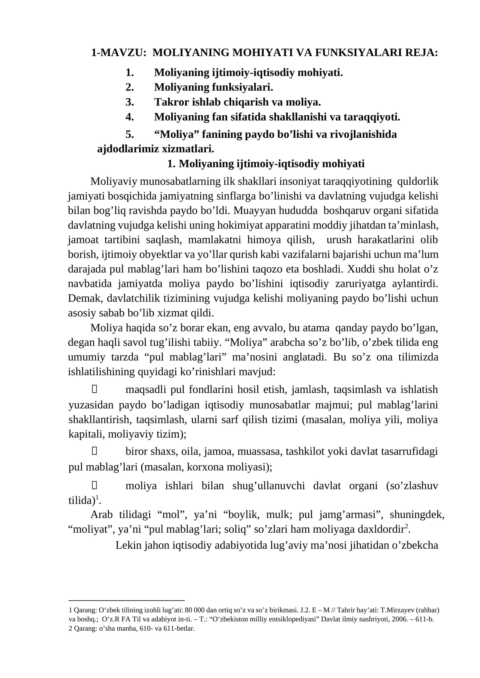 Moliyaning Mohiyati va Funksiyalari Reja