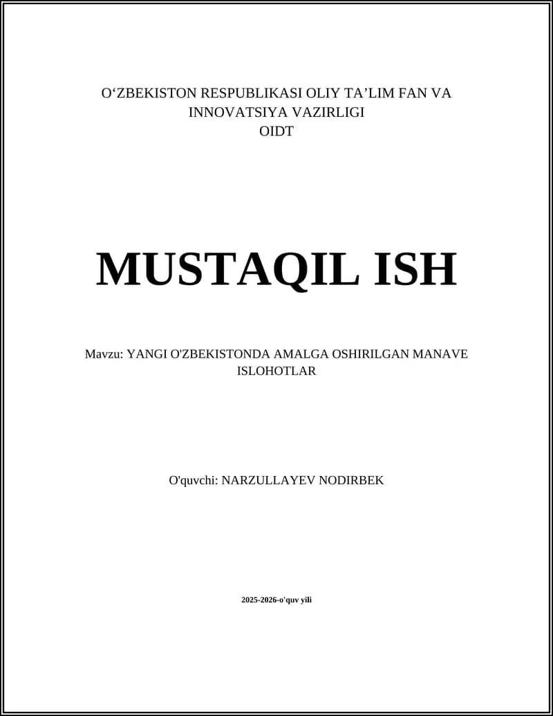 YANGI O'ZBEKISTONDA AMALGA OSHIRILGAN MANAVE ISLOHOTLAR